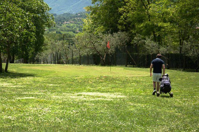 un golfista con un carrello da golf