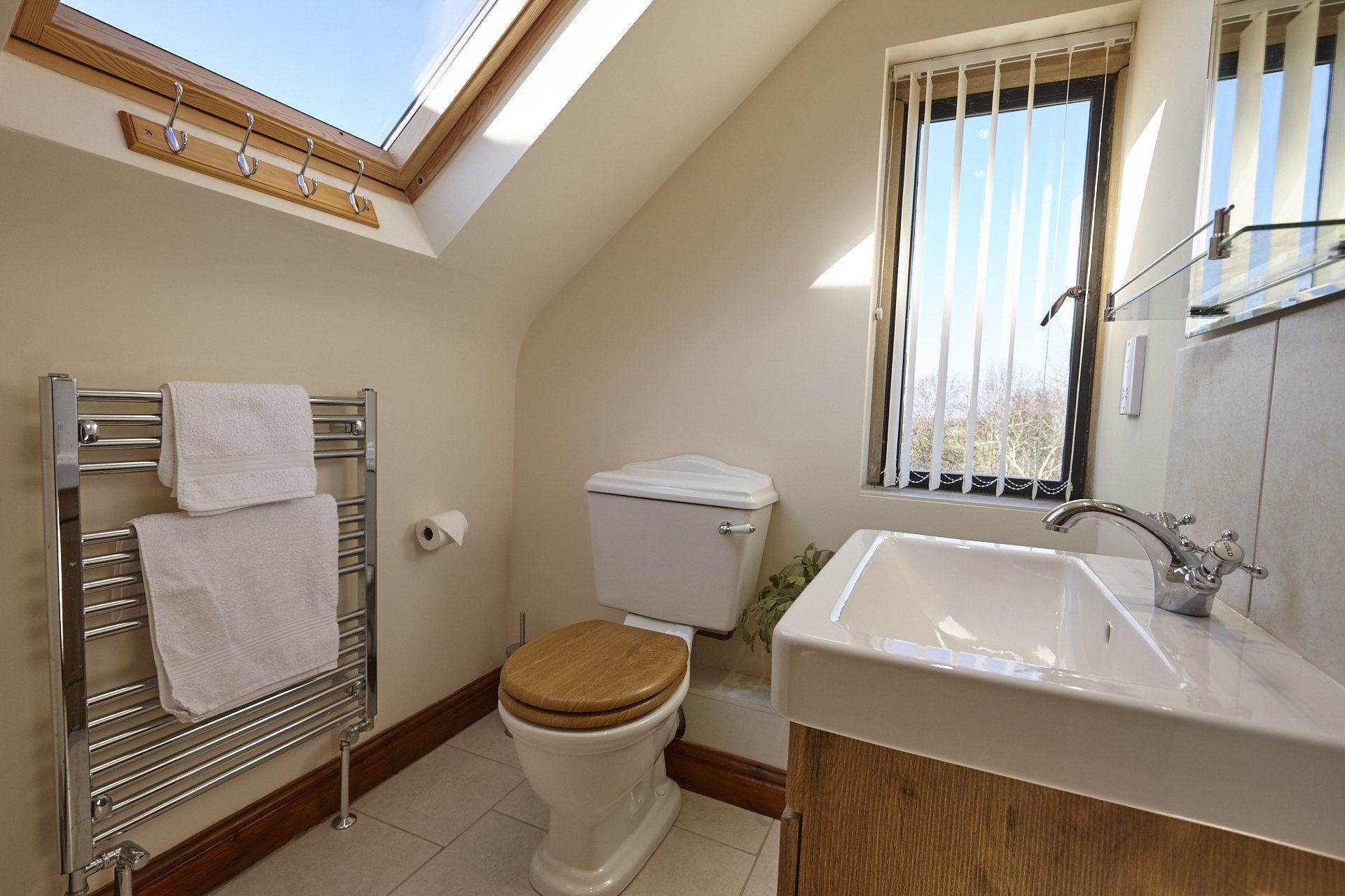A bathroom with a toilet , sink , and skylight.
