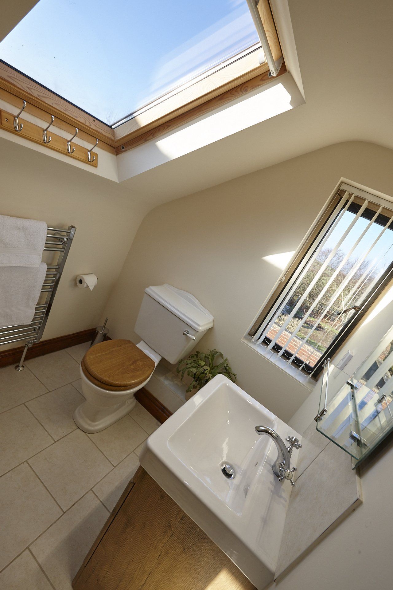 A bathroom with a toilet , sink and skylight.