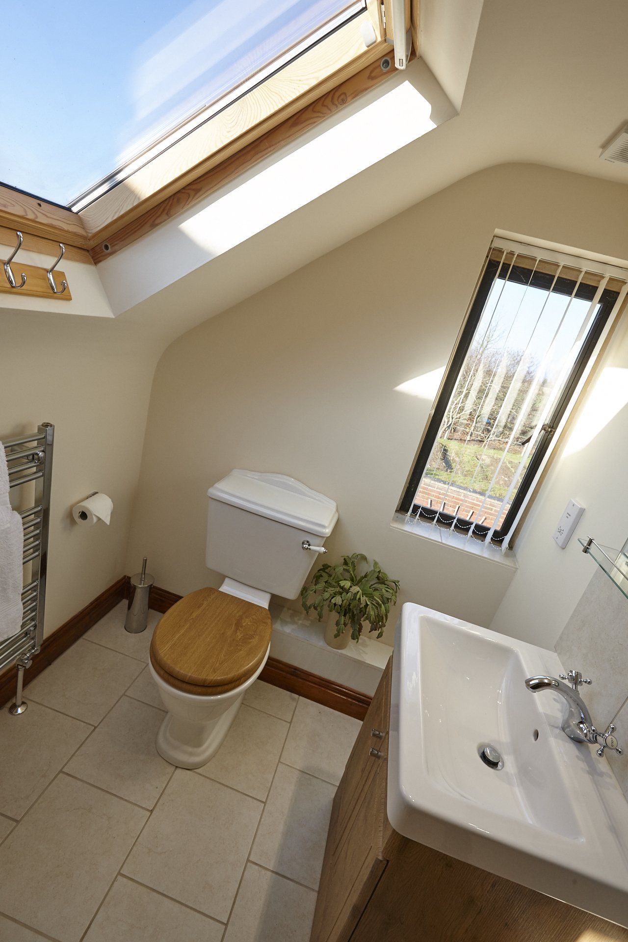 A bathroom with a toilet , sink and skylight.