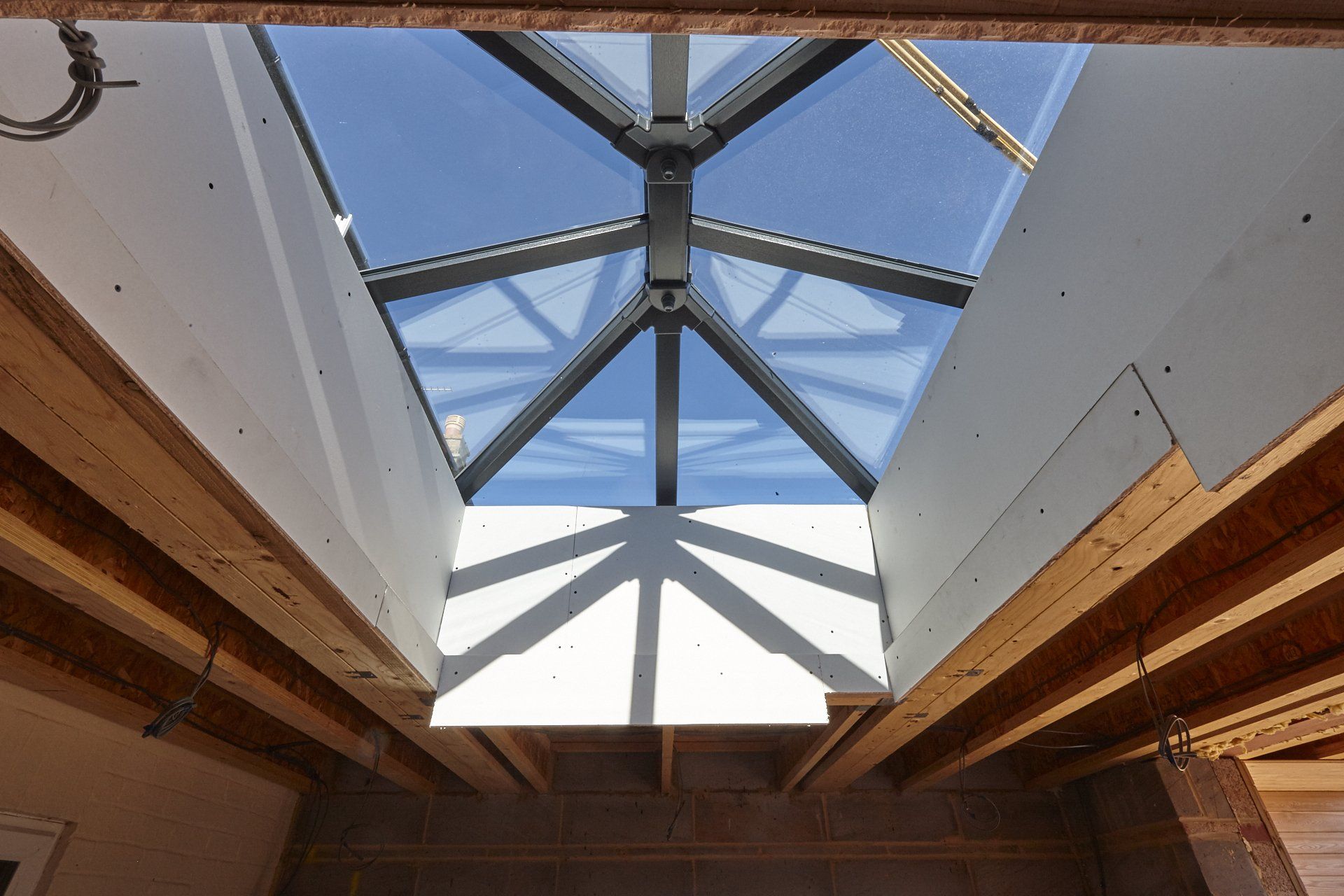 Looking up at a skylight in a building