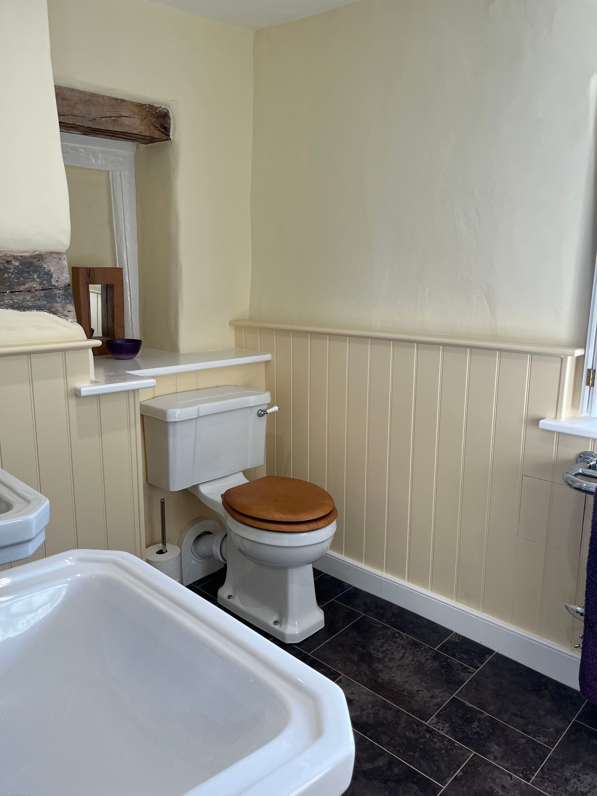 A bathroom with a toilet , sink and mirror
