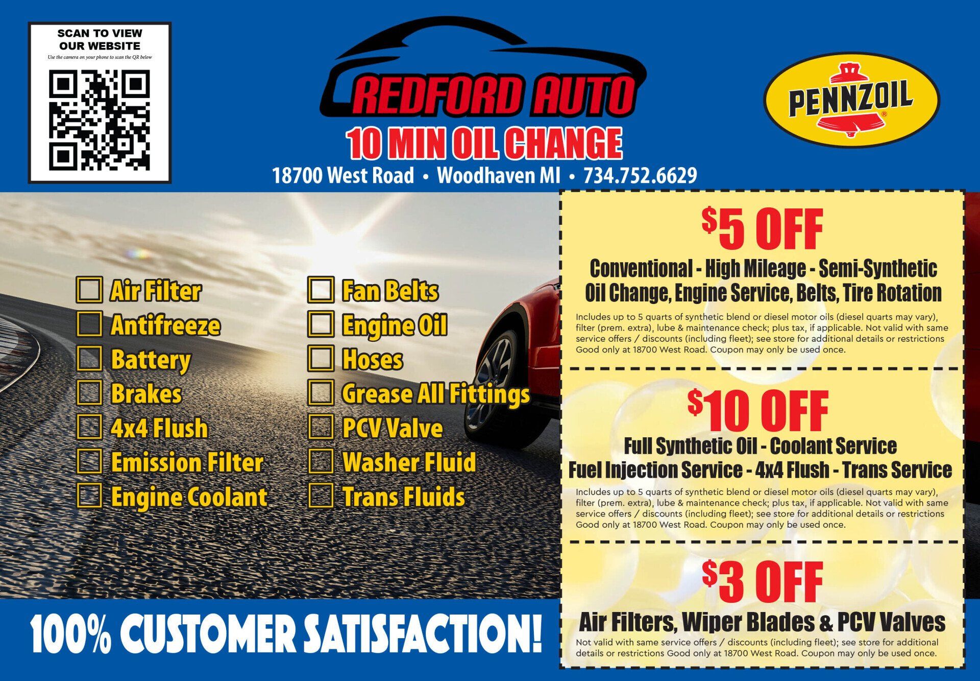 A coupon for redford auto that says 10 min oil change