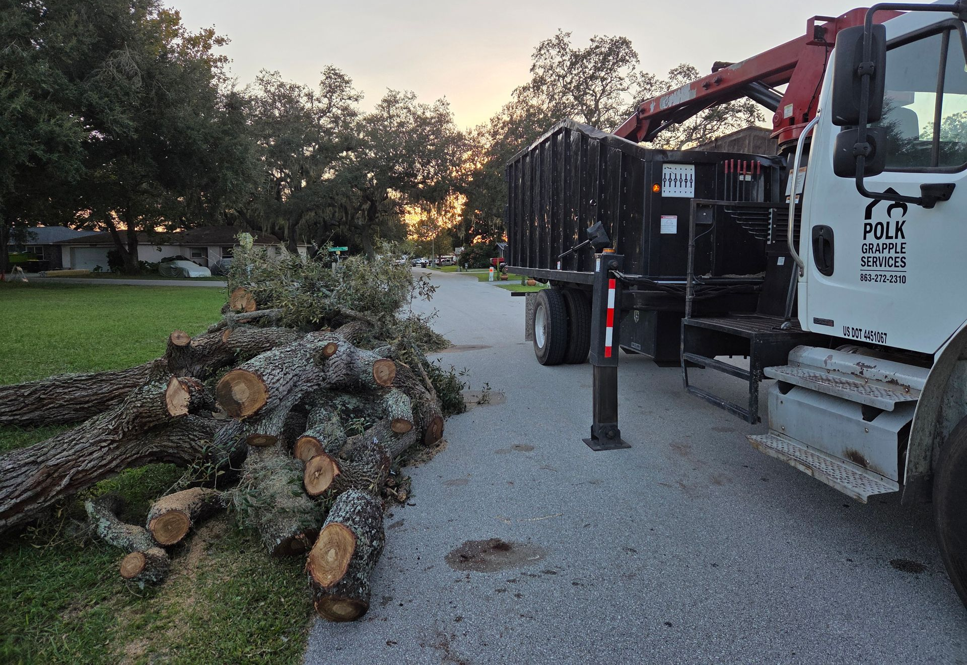 Grapple truck picking up a pile of cut tree logs and branches in Lakeland