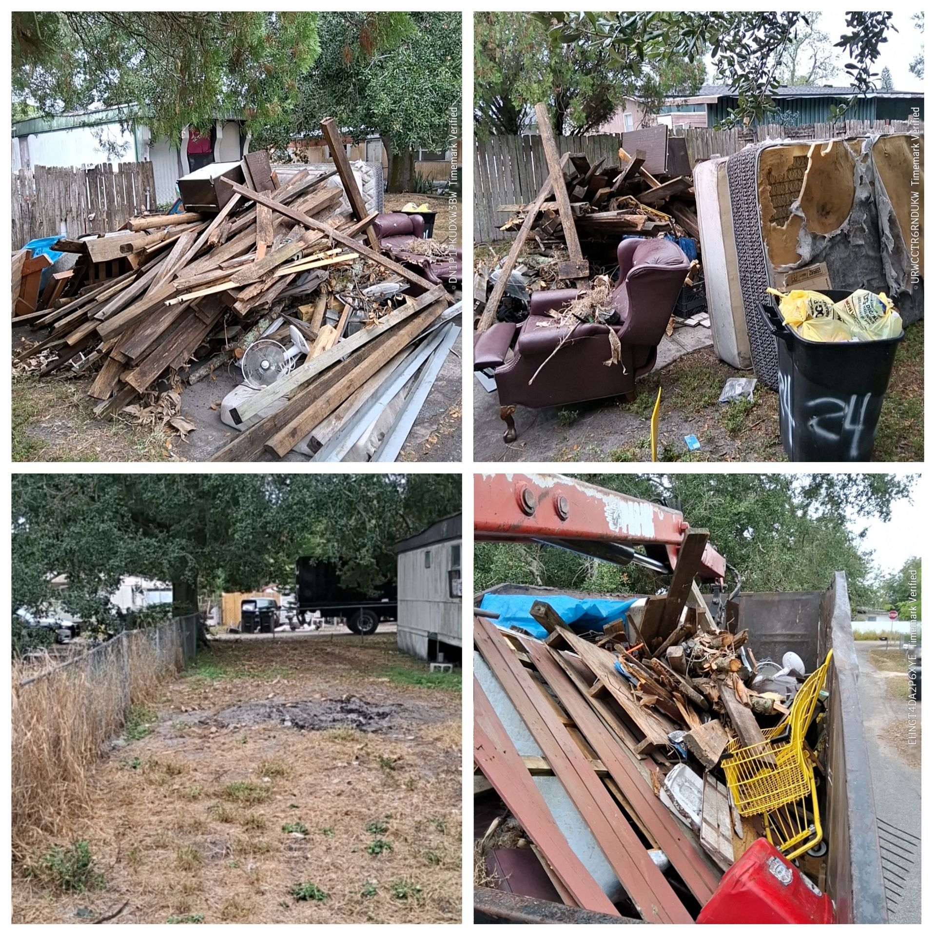 Junk and debris removal job in Lakeland, hauling away large piles of discarded furniture, wood, and household debris