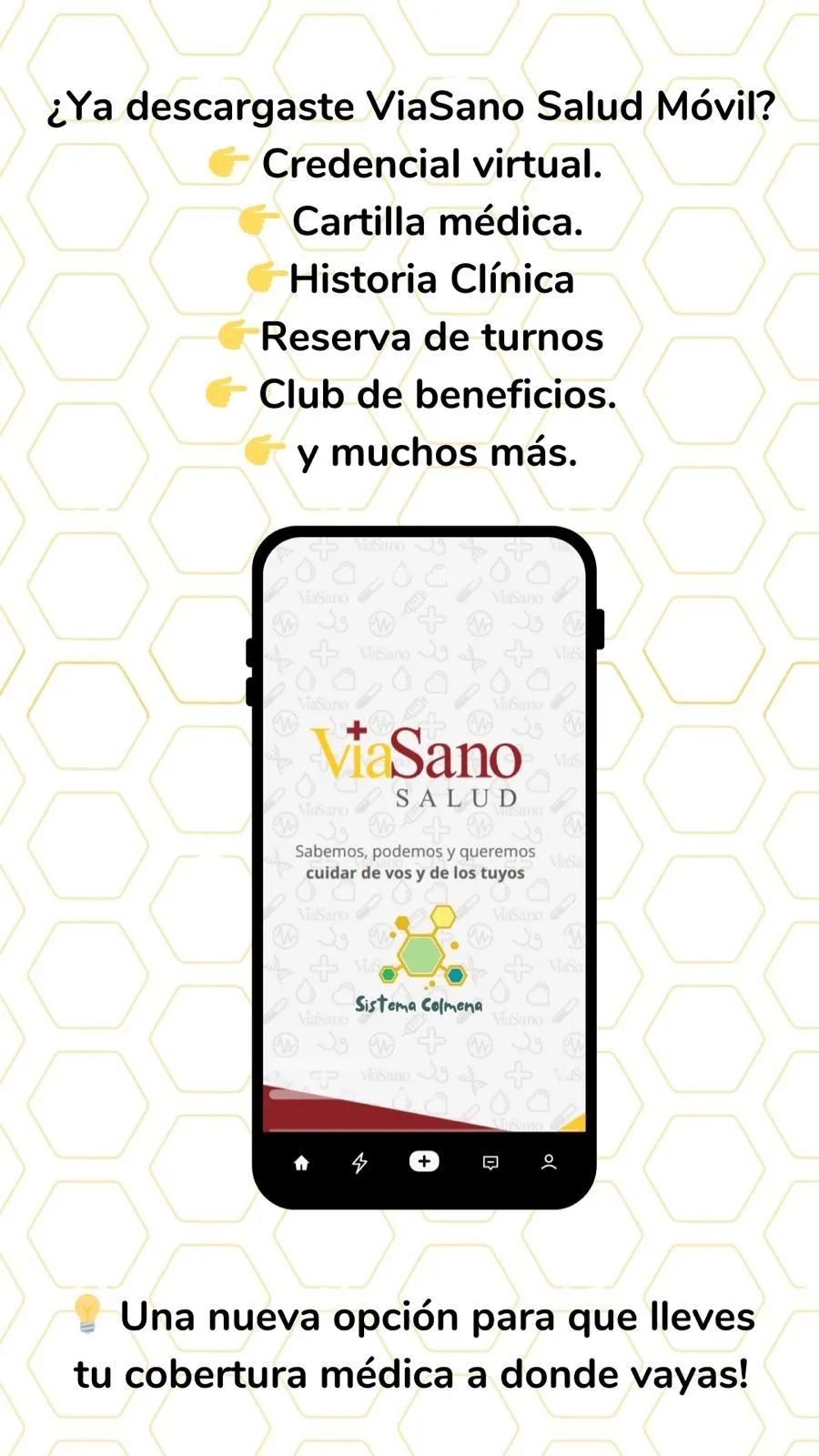 Anuncio de la app ViaSano Salud Móvil. Muestra un teléfono con la app abierta.