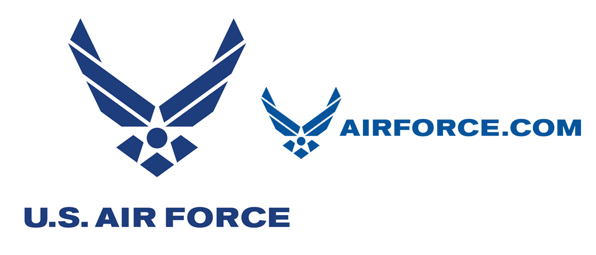 U.S. Air Force logo with two stylized wing designs, one large and one small, and "AIRFORCE.COM" text.