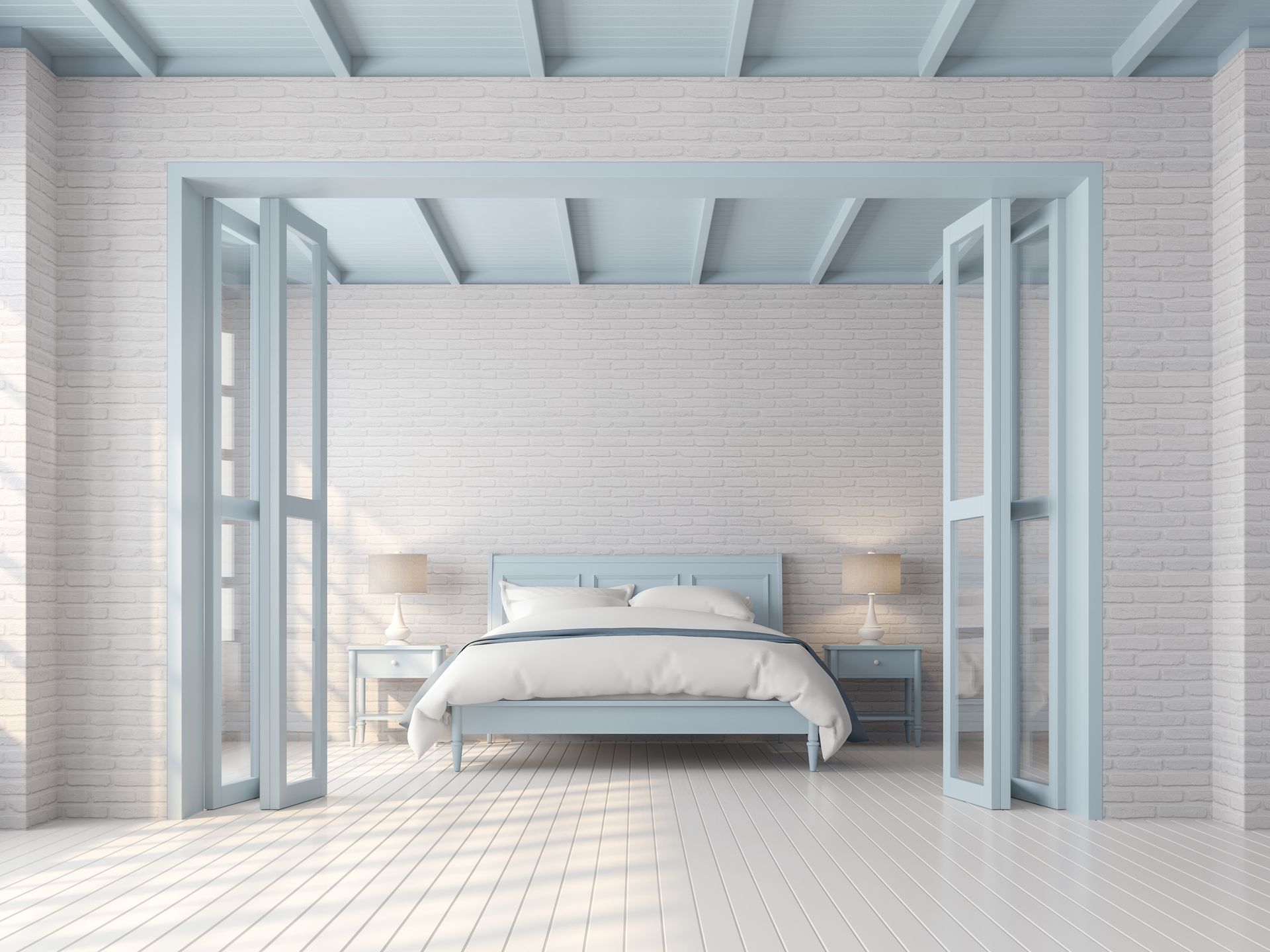 Bedroom with a light blue bed frame, doors, and ceiling. White brick walls and flooring.