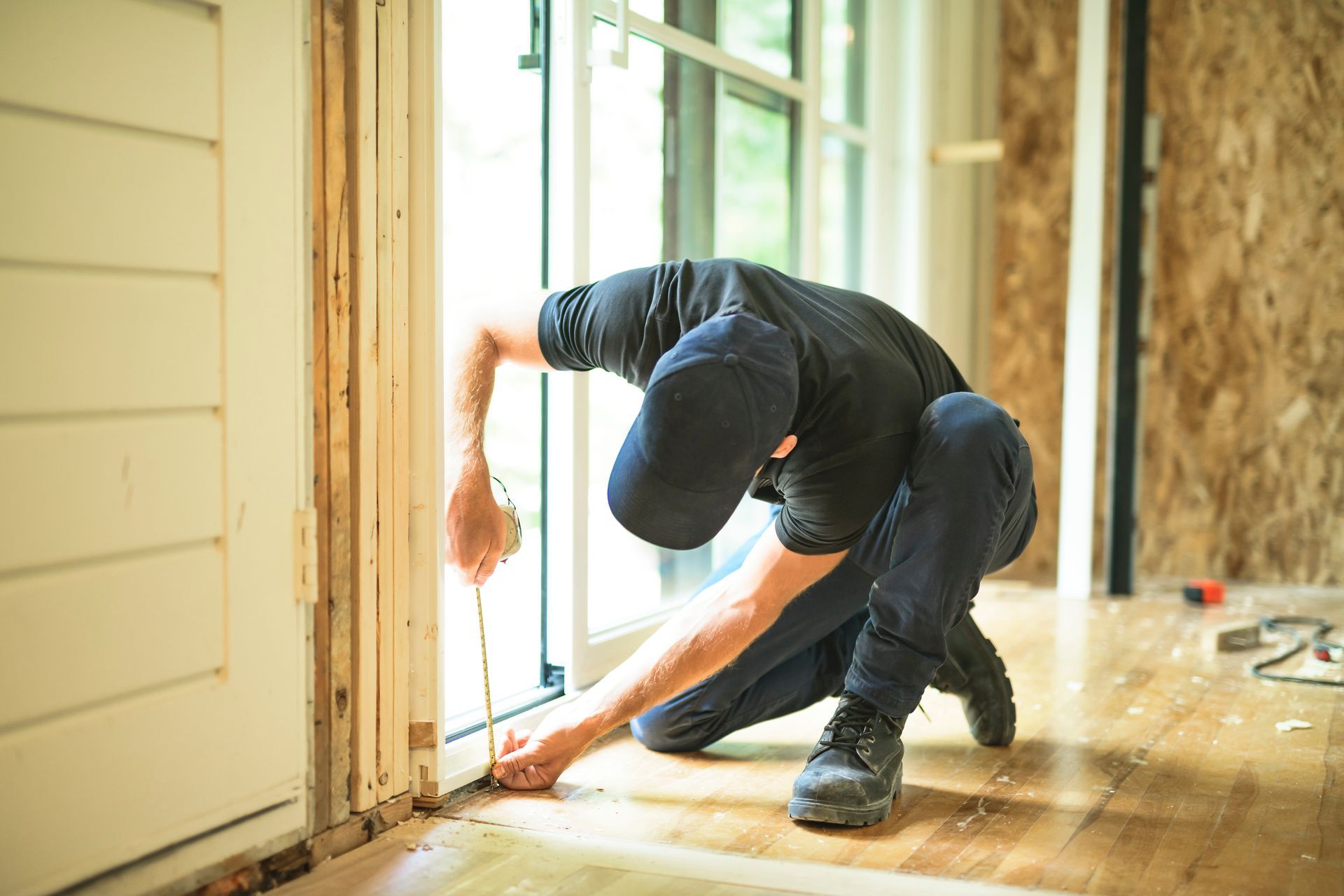Person kneeling, installing weather stripping around a door frame, indoors.
