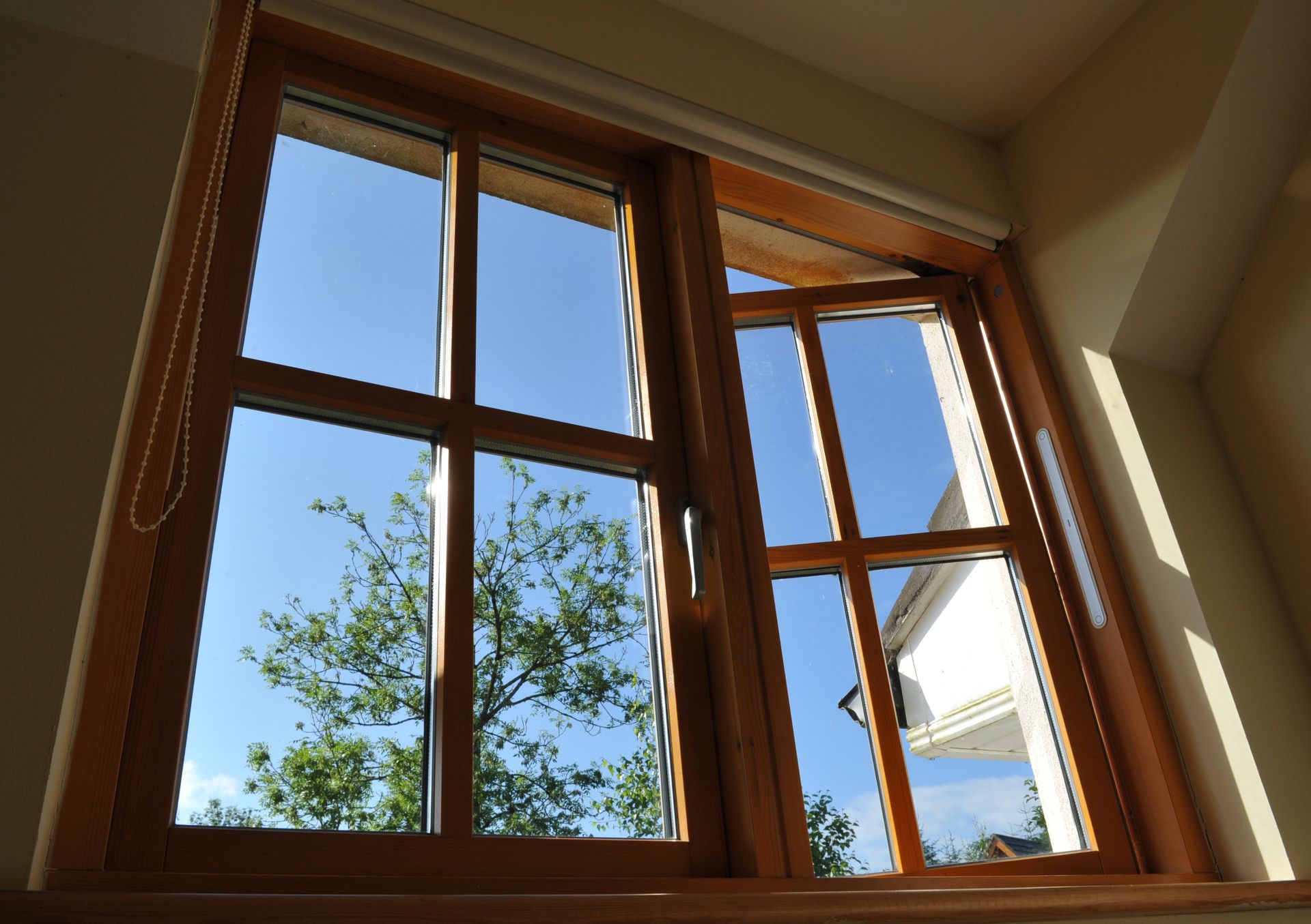 Wooden-framed window open to a bright blue sky and view of a tree and building.