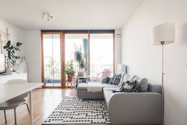 Bright living room with gray sectional sofa, rug, large window, and wooden floors.