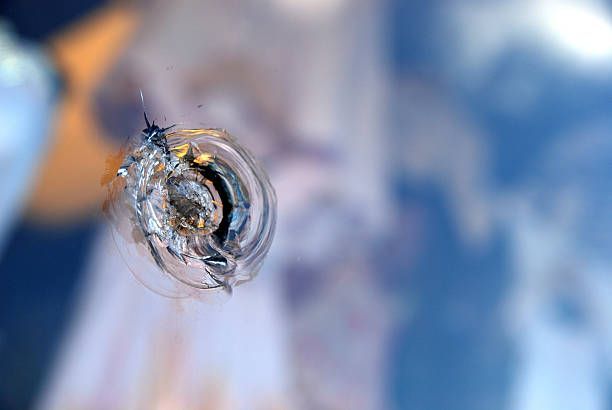 Broken glass, possibly windshield, with cracks and circular impact point. Sky reflected in background.