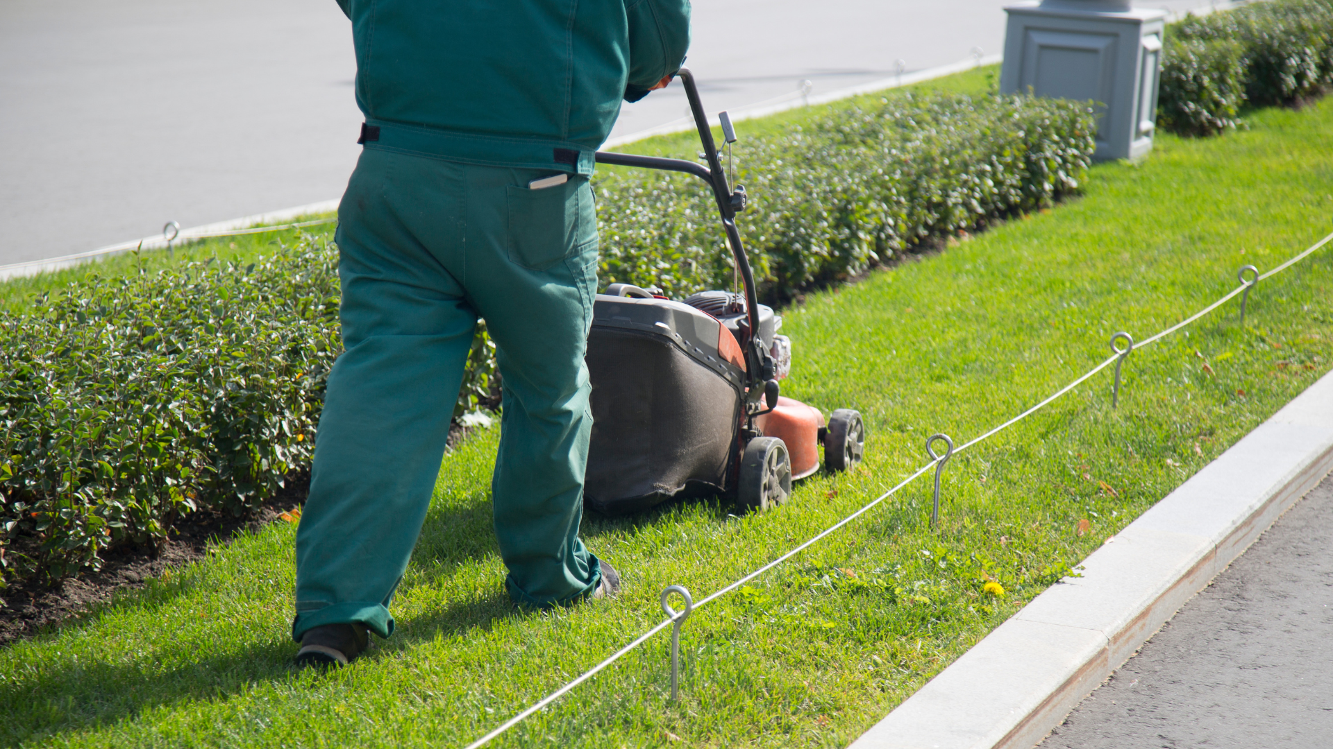 Person mowing grass near a hedge, sidewalk, and street.