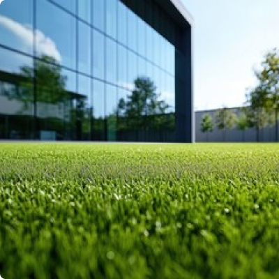 A large building with a lot of windows is behind a lush green field of grass.