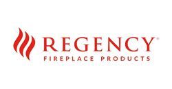 The regency fireplace products logo is red and white with a fire coming out of it.