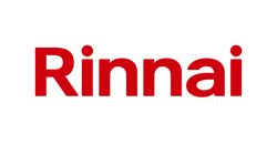 A red logo for a company called rinnai on a white background.
