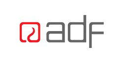 A red and gray logo on a white background.