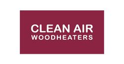 The clean air woodheaters logo is on a red background.