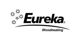 The logo for eureka woodheating is black and white with stars.