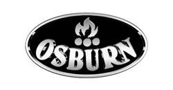 A black and white logo for osburn with a fire on it.