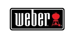 The weber logo is black and white with a red grill on it.