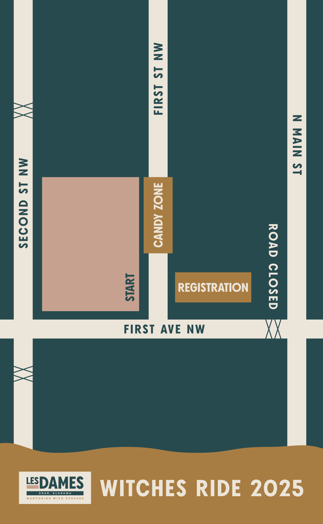 Les Dames Arab Witches Ride Map - Corner of 1st Ave NW and First St NW