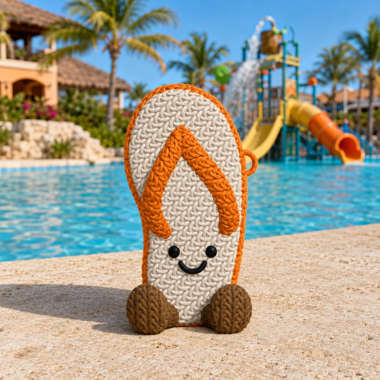 Flippy the Flip Flop, a crochet-style flip-flop Buddy enjoying a bright day at the beach.