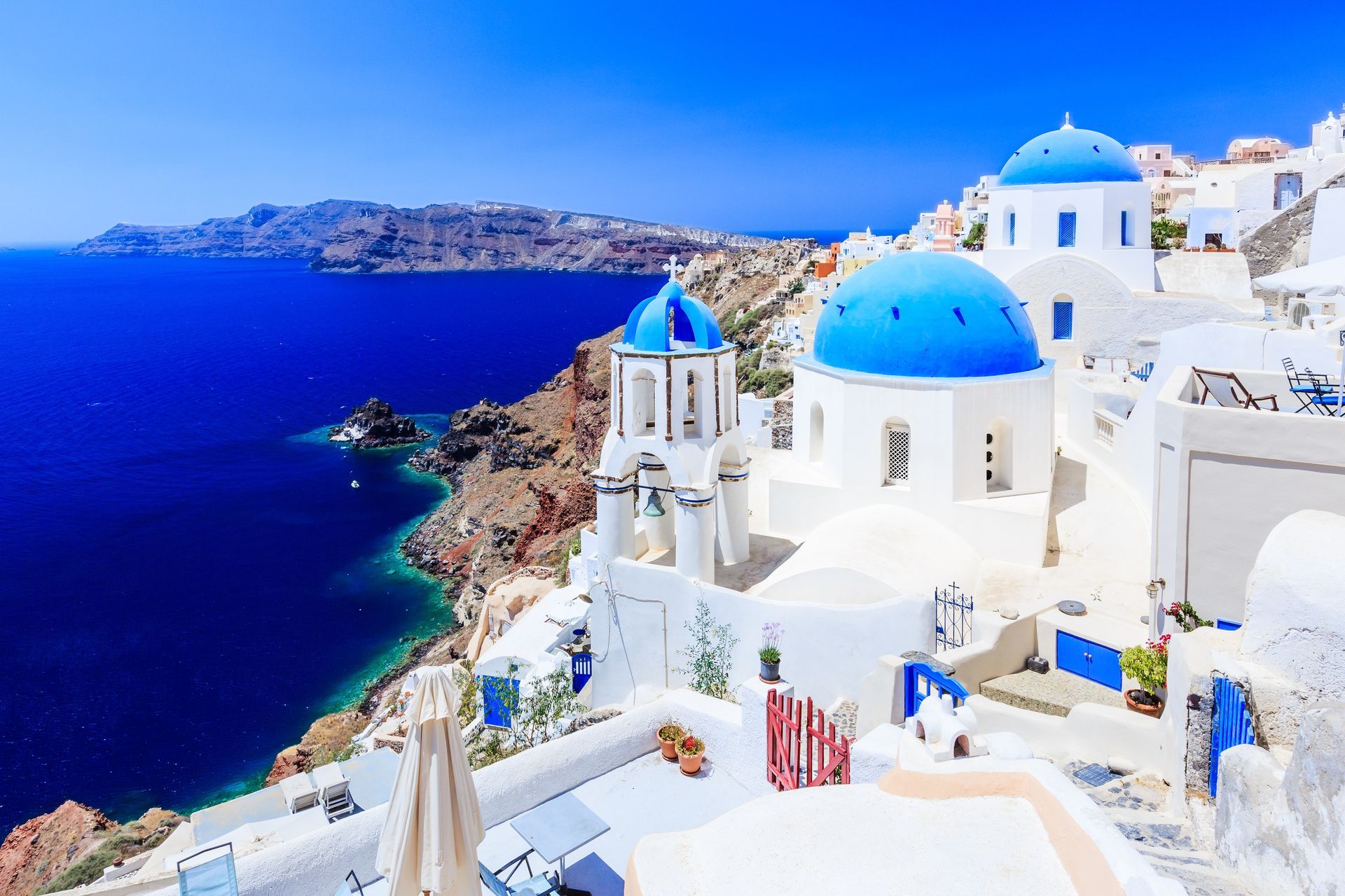 Coastal view in Greece with Aegean Sea and Cycladic architecture