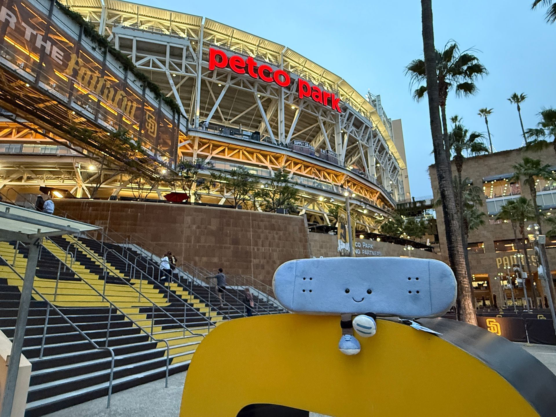 Flip the plush skateboard mascot outside Petco Park in San Diego