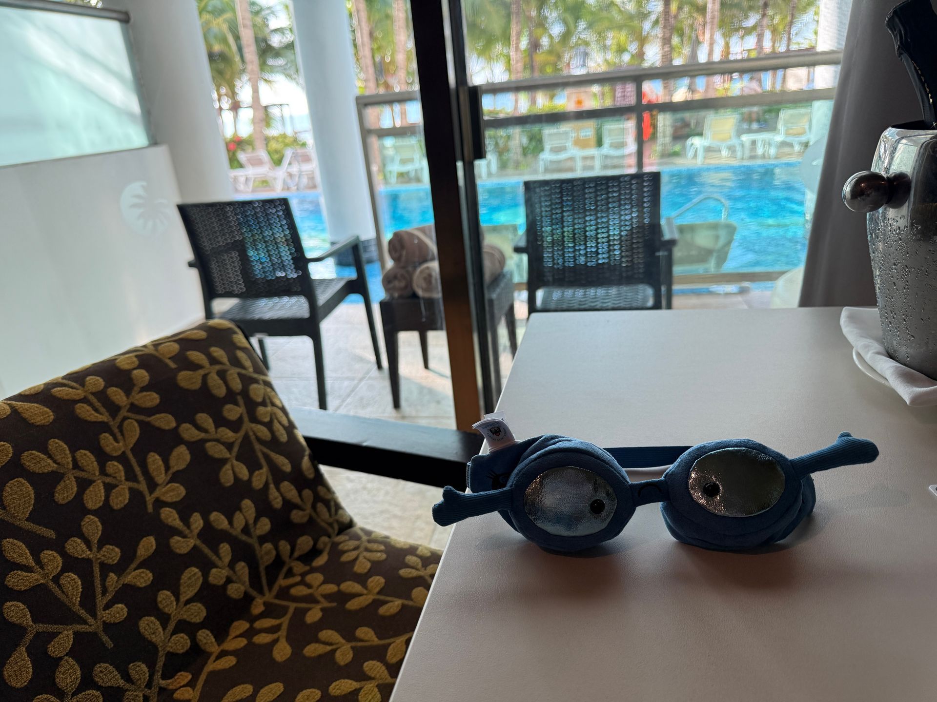 Blue toy goggles on a table, pool and chairs visible through a sliding glass door.