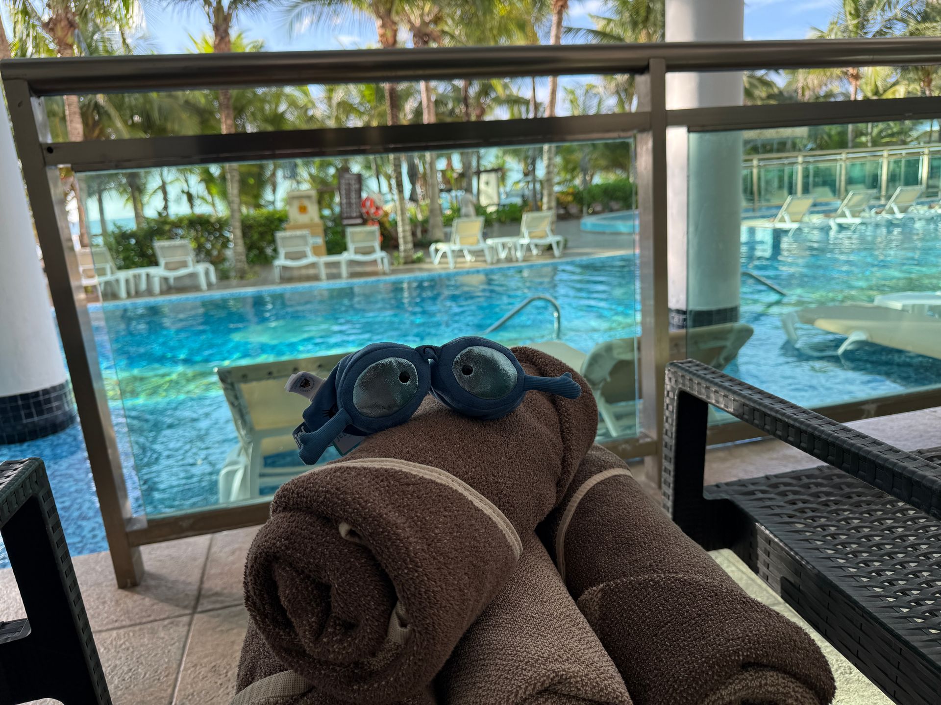 Rolled brown towels with swimming goggles overlooking a pool and beach.