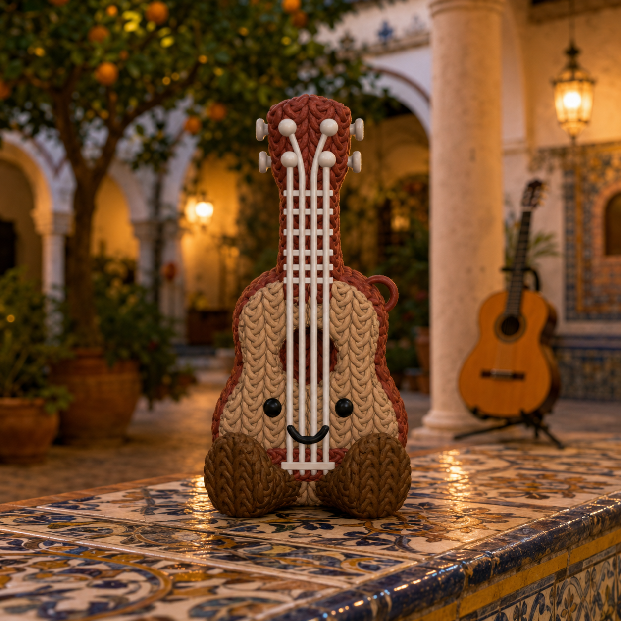 Kaia the Ukulele, a crochet-style ukulele Buddy enjoying a colorful island setting.