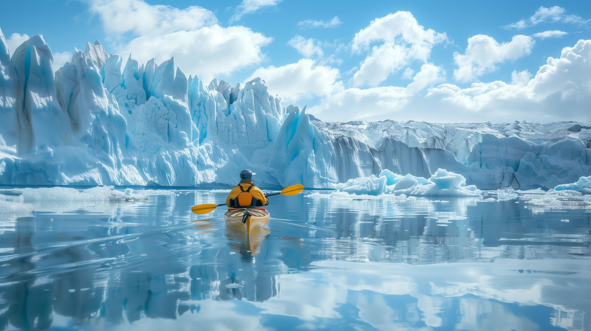 Kayaking among glaciers in Alaska — adventure travel in icy blue waters near Seward.