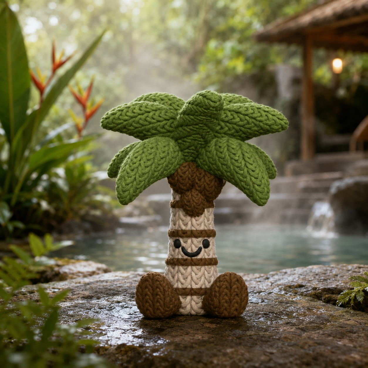 Koa the Palm Tree, a crochet-style palm tree Buddy overlooking a lush tropical landscape.