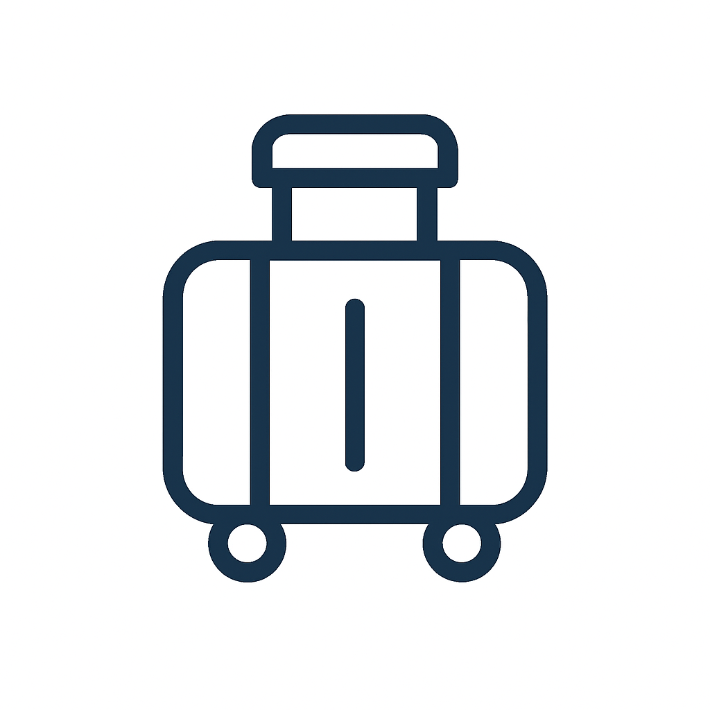 Navy blue outlined suitcase on wheels.