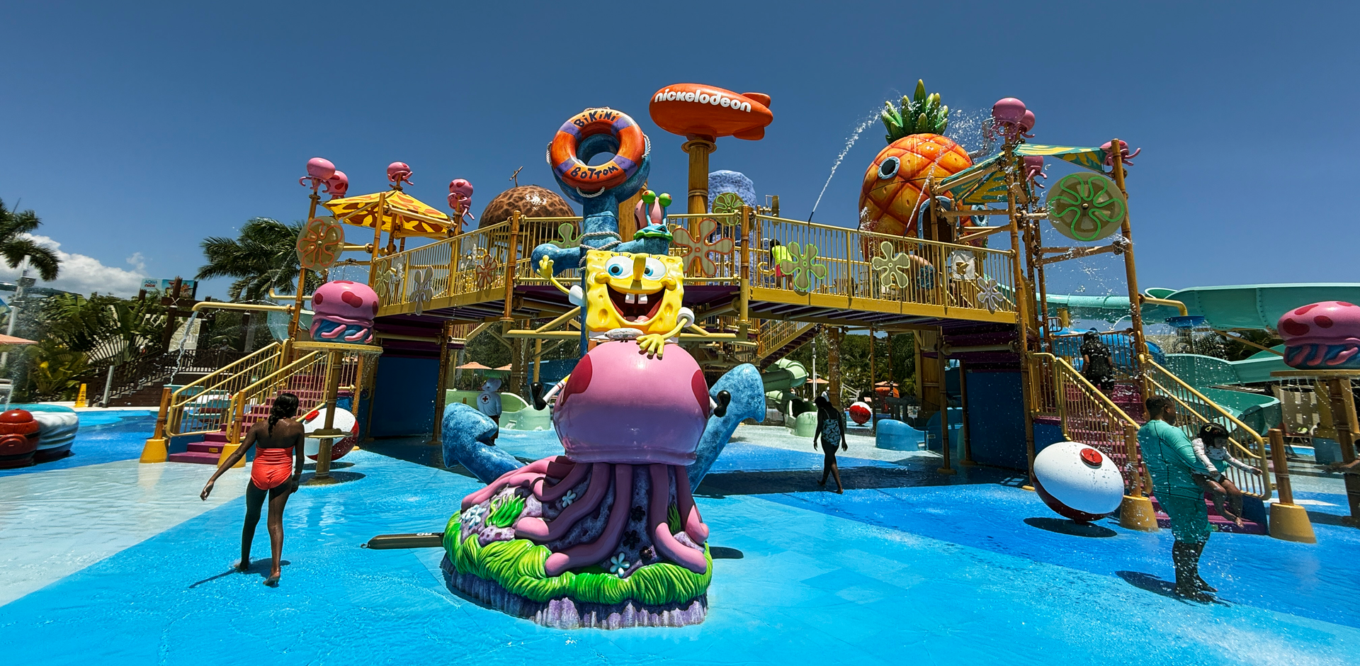 Nickelodeon Riviera Maya water park SpongeBob play area with slides and splash zone in Mexico