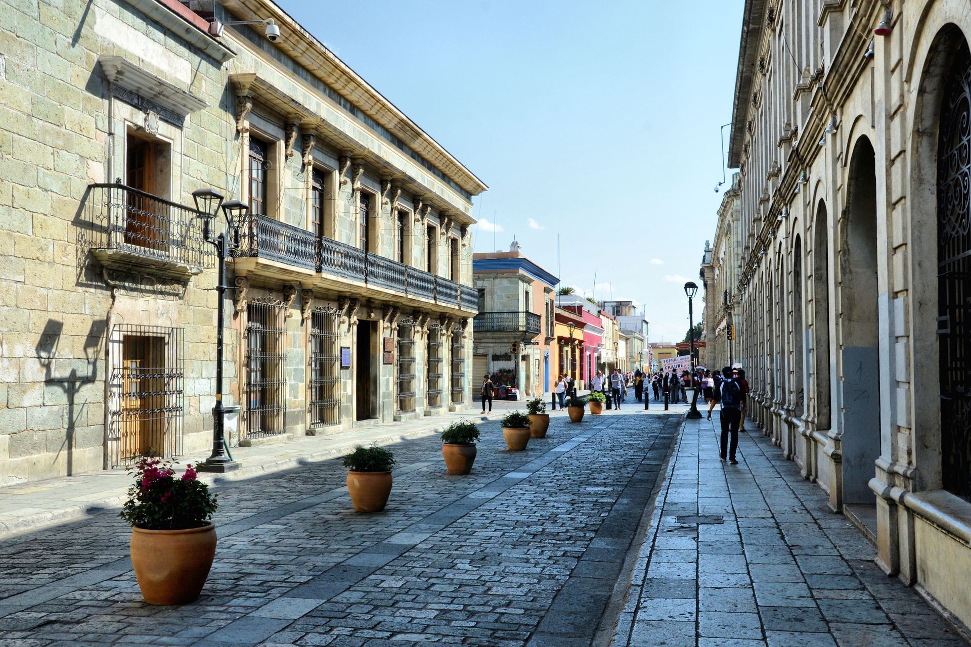 Cobblestone street lined with colonial buildings, potted plants, and pedestrians in Oaxaca, Mexico.