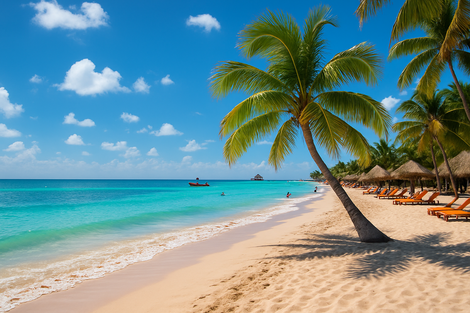 Playa del Carmen beach with turquoise water and sun loungers