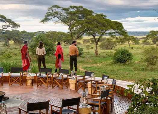 People on a wooden deck overlooking the African savanna. Acacia trees and chairs surround them.
