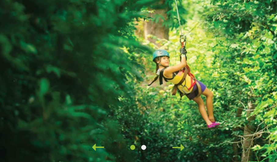 Young girl ziplining through lush green trees, wearing safety gear and a helmet.