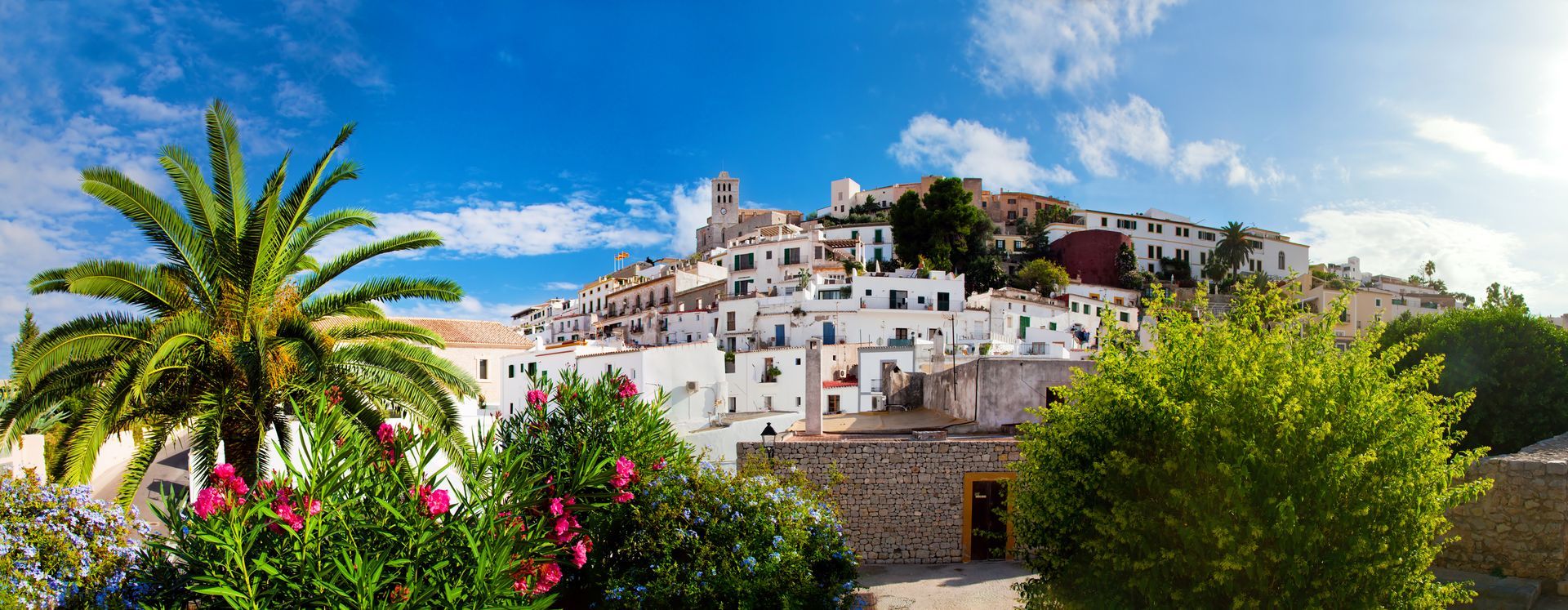 Whitewashed buildings on a hill, palm trees, blue sky, clouds. Spanish village.