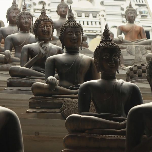 Row of seated Buddha statues, serene expressions, bronze hue, outdoor setting.
