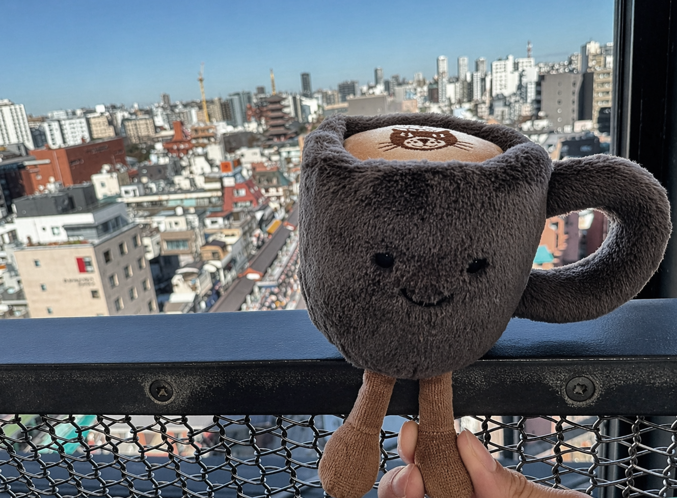 Cappo the cappuccino overlooking Tokyo skyline near Senso-ji Temple on a first day guided tour