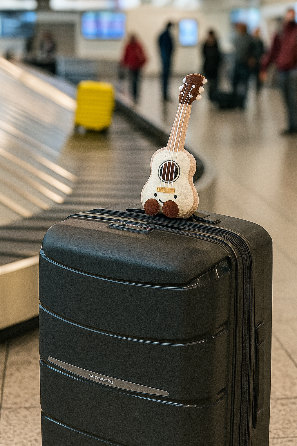Kaia the Ukulele perched on a suitcase symbolizing smart packing and and effortless travel