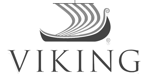 Viking logo: black Viking ship with red sail above