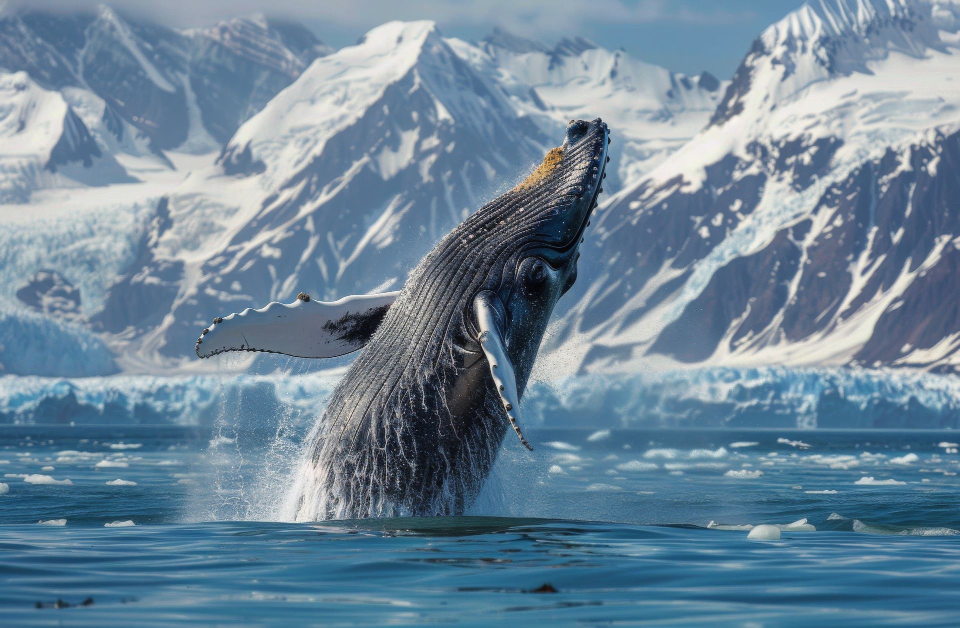 Humpback whale breaching in Glacier Bay — Alaska wildlife expedition and nature cruise.