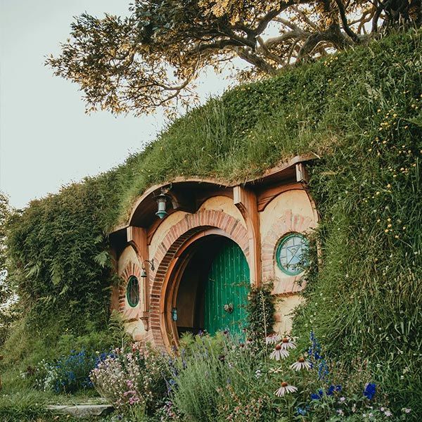 A hobbit hole with a green door, windows, and a grassy roof, nestled into a hillside.