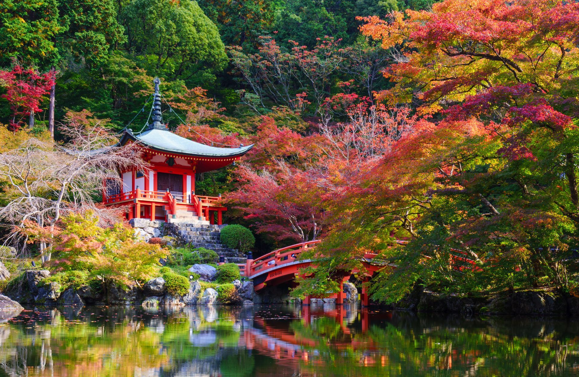Japanese pagoda by a pond, surrounded by colorful autumn foliage.