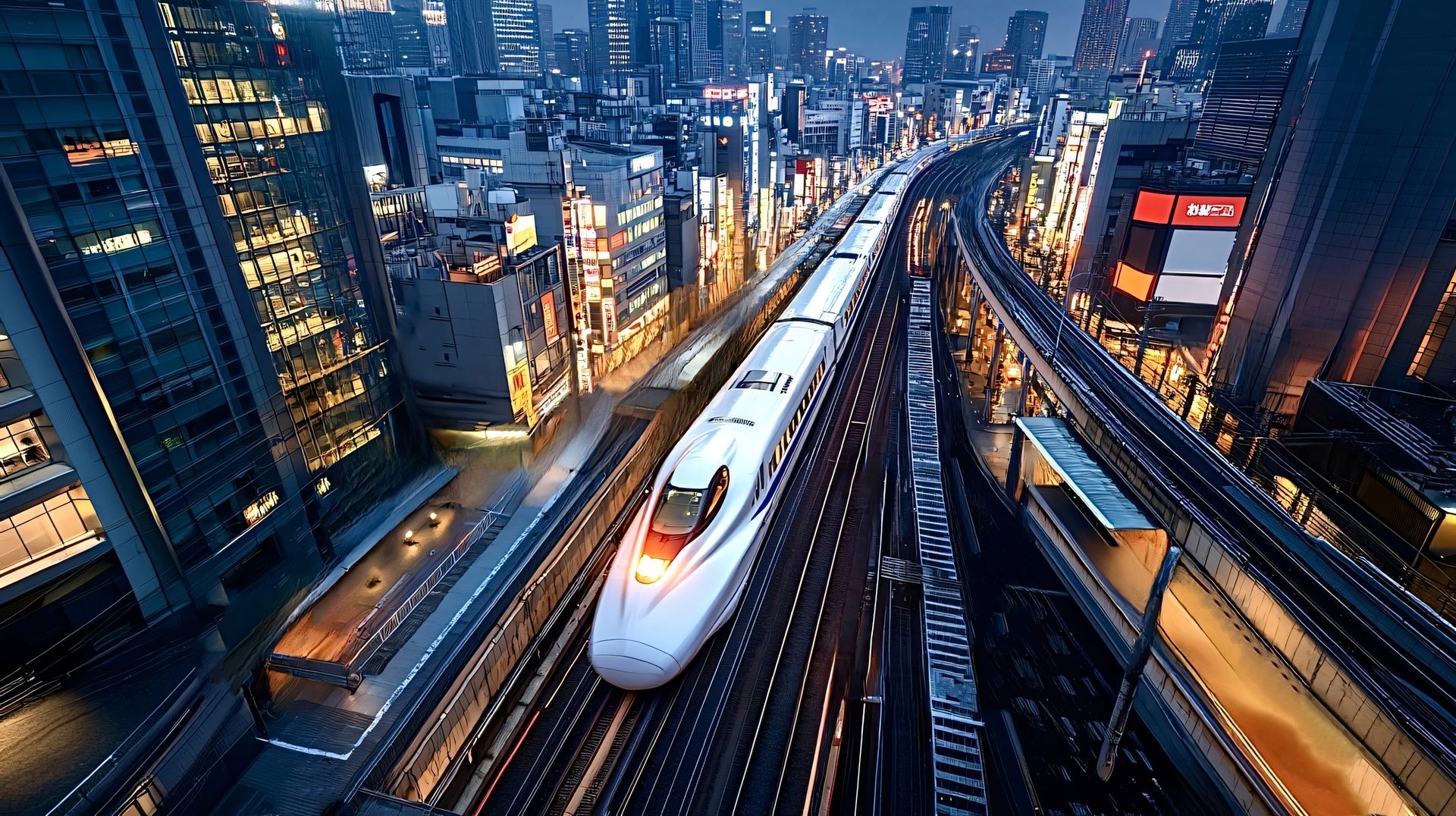 High-speed train speeding through a city at night. Buildings with bright lights line the tracks.