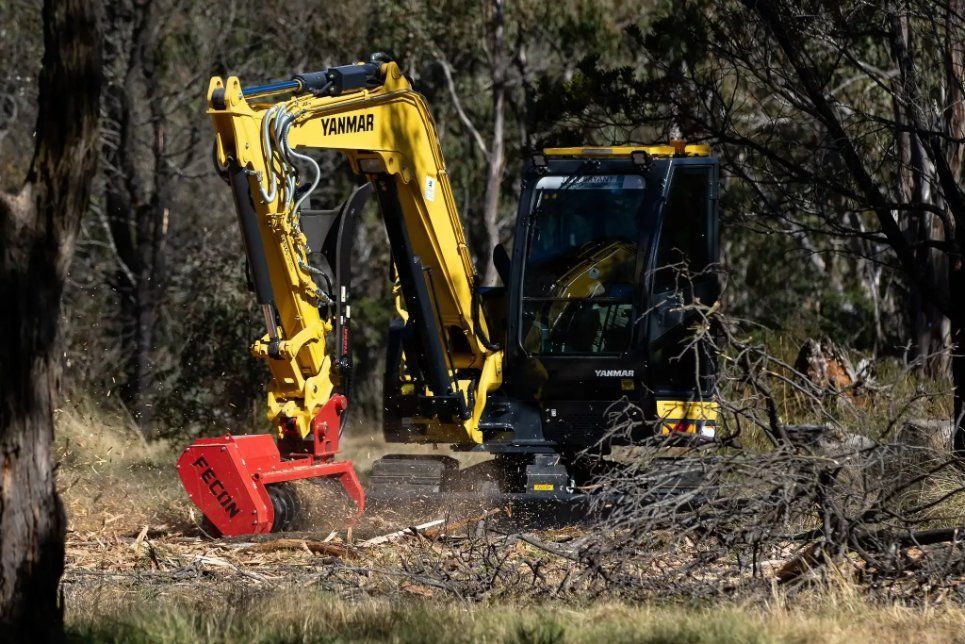 A Yellow Excavator Is Cutting Trees in A Forest — RC Civil in Armidale, NSW
